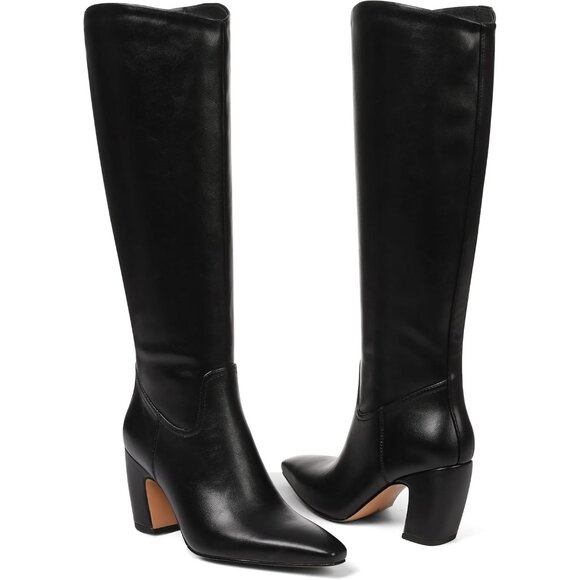 Womens Knee High Black Boots Square Toe Chunky Heel Wide Calf Tall Zipper Boots - Picture 7 of 8